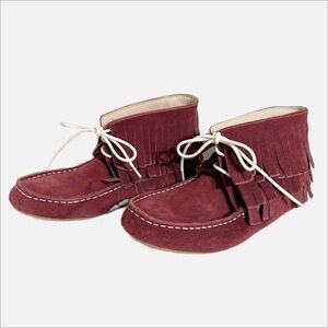 Monkey Feet Fringe Ankle Suede Leather Moccasins Tie Closure Rubber Sole Lace Up